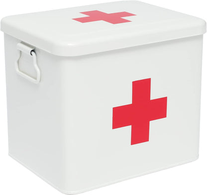 Metal Medicine Storage Tin,First Aid Kit Tin, First Aid Medicine Supplies Bin, First Aid Box with Removable Tray for Home Emergency Tool Set (White)