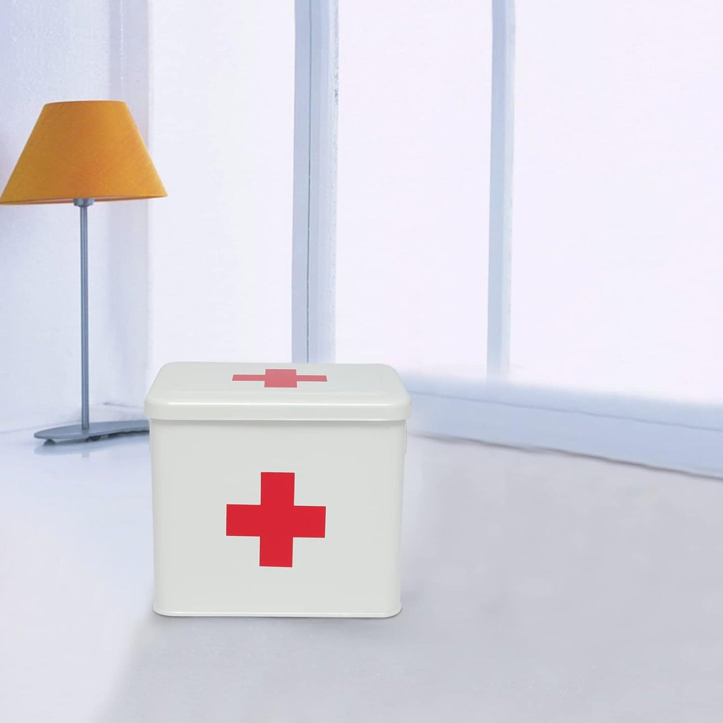 Metal Medicine Storage Tin,First Aid Kit Tin, First Aid Medicine Supplies Bin, First Aid Box with Removable Tray for Home Emergency Tool Set (White)