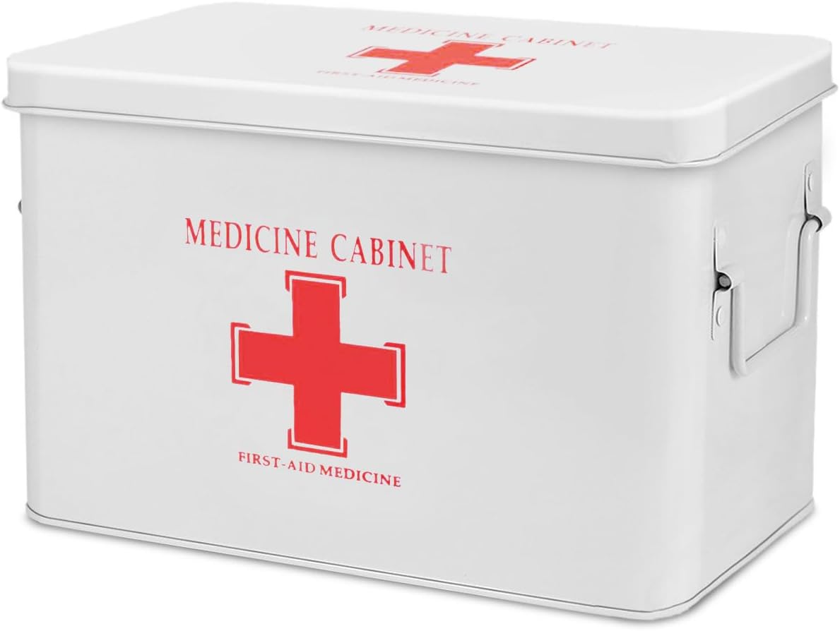 Flexzion First Aid Box Organizer, Empty 8.5 Inch Red Vintage First Aid Kit Tin Metal Medical Box First Aid Storage Box Container Bins with Dividers, Removable Tray and Cross Logo