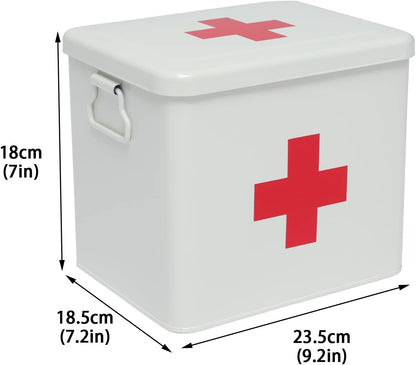 Metal Medicine Storage Tin,First Aid Kit Tin, First Aid Medicine Supplies Bin, First Aid Box with Removable Tray for Home Emergency Tool Set (White)