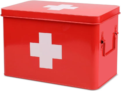 Flexzion First Aid Box Organizer, Empty 8.5 Inch Red Vintage First Aid Kit Tin Metal Medical Box First Aid Storage Box Container Bins with Dividers, Removable Tray and Cross Logo