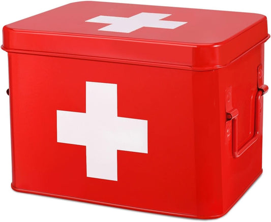 Flexzion First Aid Box Organizer, Empty 8.5 Inch Red Vintage First Aid Kit Tin Metal Medical Box First Aid Storage Box Container Bins with Dividers, Removable Tray and Cross Logo
