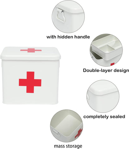 Metal Medicine Storage Tin,First Aid Kit Tin, First Aid Medicine Supplies Bin, First Aid Box with Removable Tray for Home Emergency Tool Set (White)