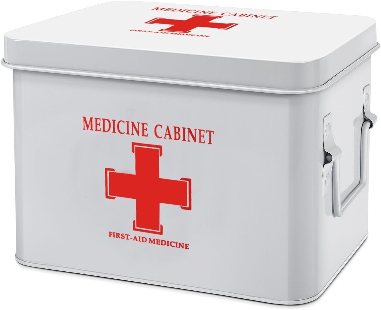 Flexzion First Aid Box Organizer, Empty 8.5 Inch Red Vintage First Aid Kit Tin Metal Medical Box First Aid Storage Box Container Bins with Dividers, Removable Tray and Cross Logo