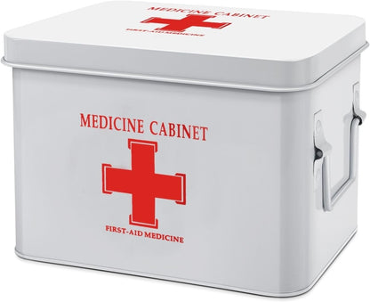 Flexzion First Aid Box Organizer, Empty 8.5 Inch Red Vintage First Aid Kit Tin Metal Medical Box First Aid Storage Box Container Bins with Dividers, Removable Tray and Cross Logo