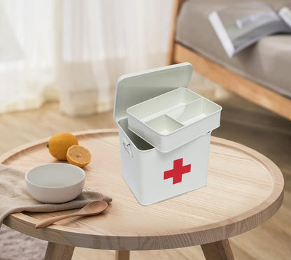 Metal Medicine Storage Tin,First Aid Kit Tin, First Aid Medicine Supplies Bin, First Aid Box with Removable Tray for Home Emergency Tool Set (White)