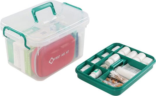 Clear First Aid Box Organizer with Compartments, Plastic Handle First Aid Kit, Ideal for Emergency, School, Car, Survival, Travel, Camping, Hunting