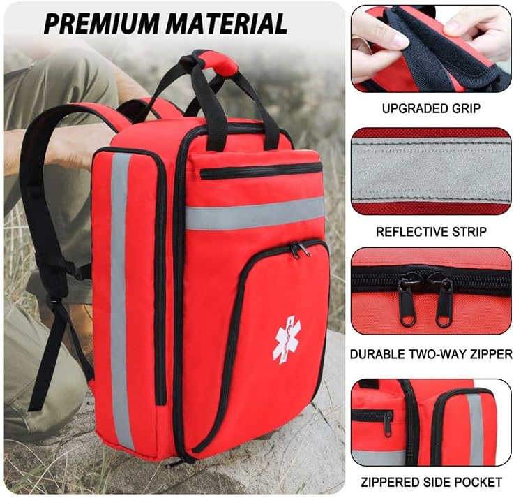 Professional Empty First Aid Kit, Emergency Medical Assistant Backpack, Compartment Kit Bracket, Designed for Caregivers and Emergency Medical Supplies, Lightweight and Durable (Red)