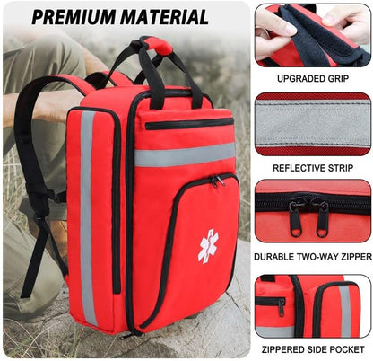 Professional Empty First Aid Kit, Emergency Medical Assistant Backpack, Compartment Kit Bracket, Designed for Caregivers and Emergency Medical Supplies, Lightweight and Durable (Red)