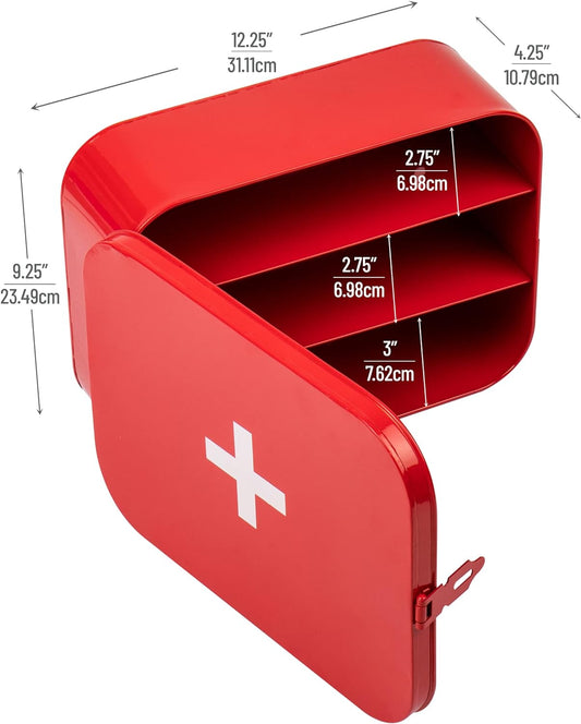 Mind Reader First Aid Box, Emergency Kit, Medical Supply Organizer, Wall Mountable, Metal, 12.25" L x 9.25" W x 4.25" H, Red