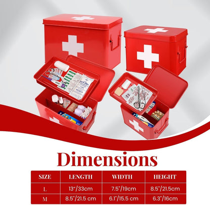 Flexzion First Aid Box Organizer, Empty 8.5 Inch Red Vintage First Aid Kit Tin Metal Medical Box First Aid Storage Box Container Bins with Dividers, Removable Tray and Cross Logo