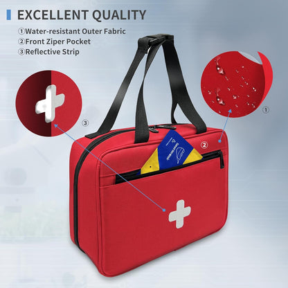 First Aid Bag Empty, Compact and Portable Medical Supplies Organizer with Multiple Compartments, Emergency Trauma Bag for Travel, Camping, Hiking, Car, Travel and Home Use, Red(Bag Only)