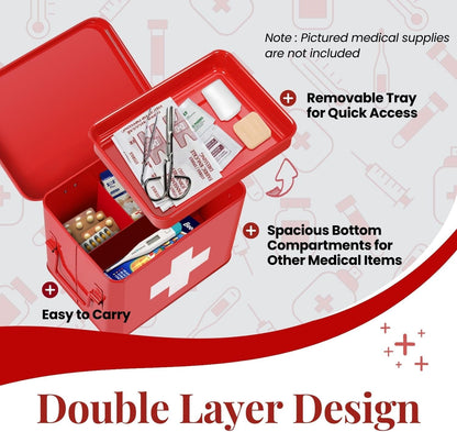 Flexzion First Aid Box Organizer, Empty 8.5 Inch Red Vintage First Aid Kit Tin Metal Medical Box First Aid Storage Box Container Bins with Dividers, Removable Tray and Cross Logo