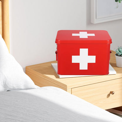 Flexzion First Aid Box Organizer, Empty 8.5 Inch Red Vintage First Aid Kit Tin Metal Medical Box First Aid Storage Box Container Bins with Dividers, Removable Tray and Cross Logo