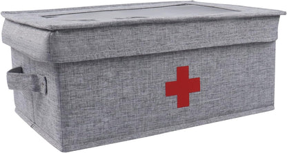 First Aid Medicine Box, Linen First Aid Kit Supplies Box, Medicine Storage Box Medicine Bag, Pill Bottle Organizer, First Aid Empty Box with Lid for Home & Travel Emergency Tool Set - Gray