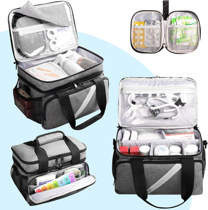 Medicine Storage and Organizer Bag Empty with Reflective Strip, Pill Bottle Organizer Storage with Portable Small Pouch, Home First Aid Kit for Emergency Medication Travel Bag Gray (Case Only)