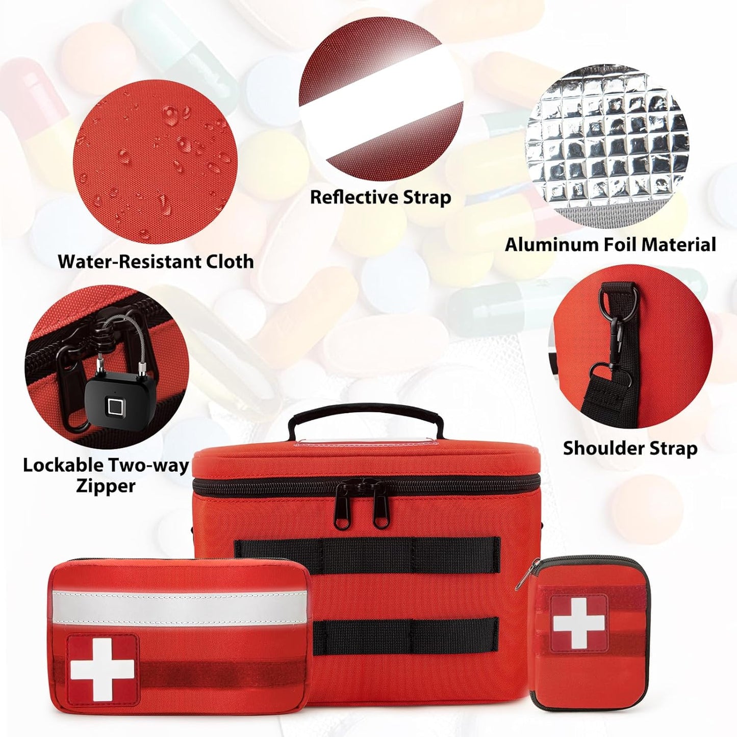 Medicine Organizer Bag, Family First Aid Bag Empty, Medical Bottle Storage Bag for Emergency, Detachable Divider Medical Travel Bag , Medication Bag with Adjustable Shoulder Strap, Trauma Bag-Red