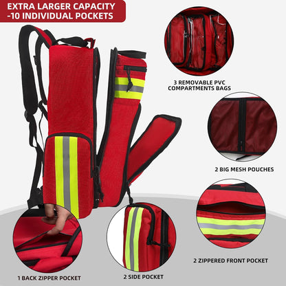 First Aid Backpack,Emergency Medical Backpack Empty, Survival Essentials Trauma Kit Bag First Responder Carrier for EMT, Paramedics, Red