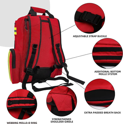 First Aid Backpack,Emergency Medical Backpack Empty, Survival Essentials Trauma Kit Bag First Responder Carrier for EMT, Paramedics, Red