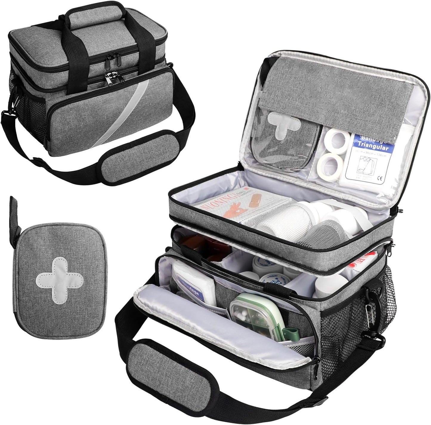 Medicine Storage and Organizer Bag Empty with Reflective Strip, Pill Bottle Organizer Storage with Portable Small Pouch, Home First Aid Kit for Emergency Medication Travel Bag Gray (Case Only)