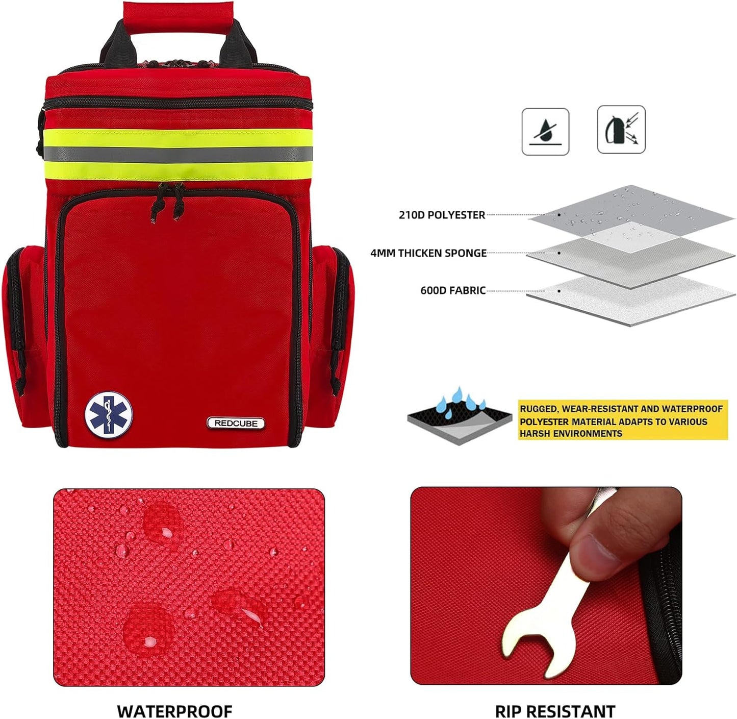 First Aid Backpack,Emergency Medical Backpack Empty, Survival Essentials Trauma Kit Bag First Responder Carrier for EMT, Paramedics, Red