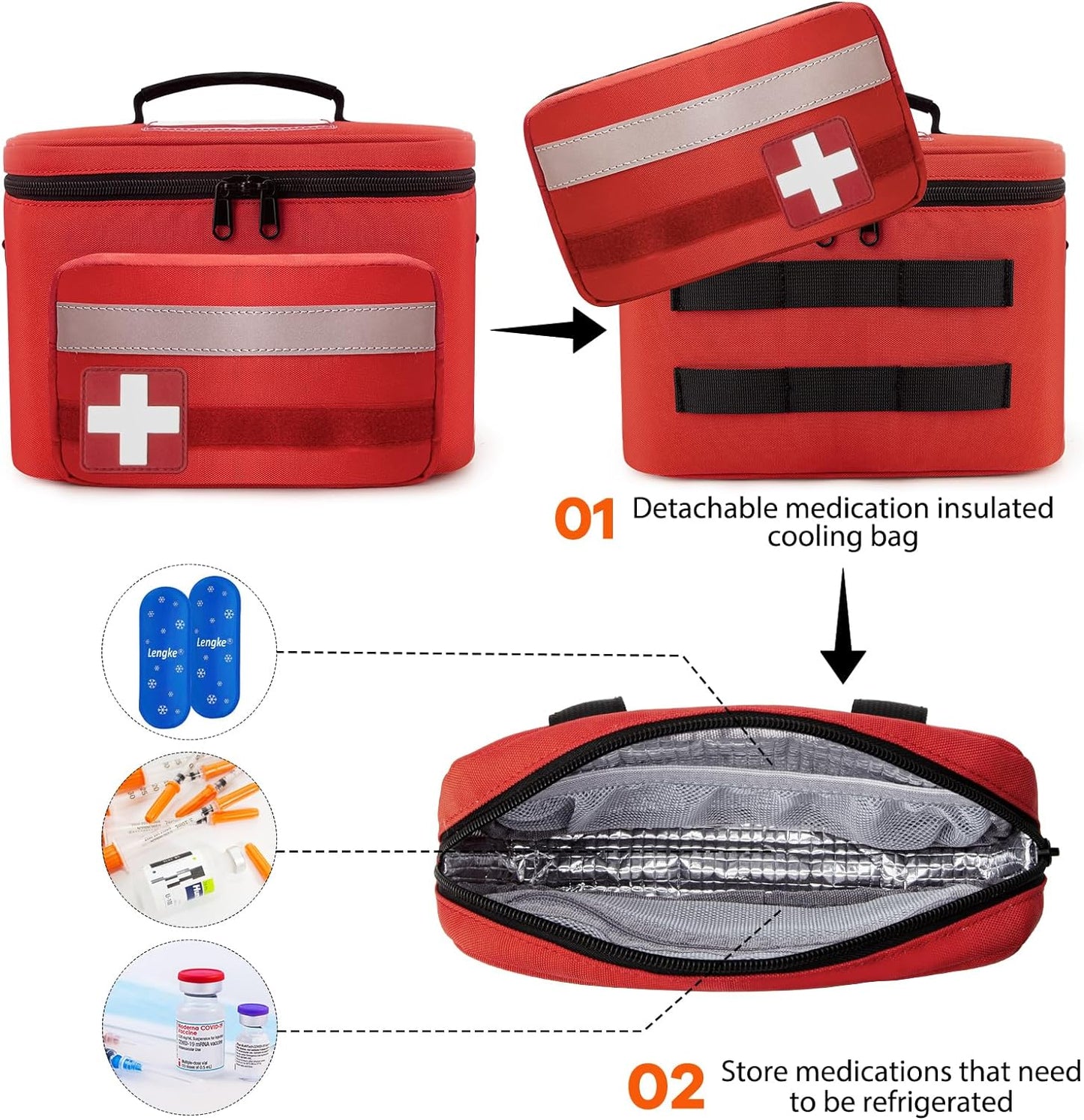 Medicine Organizer Bag, Family First Aid Bag Empty, Medical Bottle Storage Bag for Emergency, Detachable Divider Medical Travel Bag , Medication Bag with Adjustable Shoulder Strap, Trauma Bag-Red