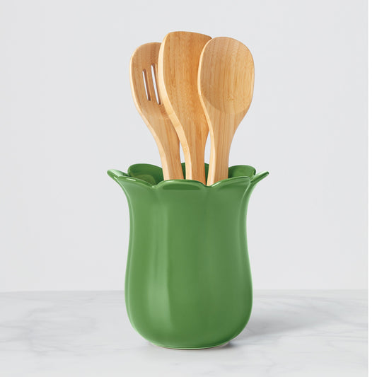 Garden Floral Utensil Crock With Wood Utensils