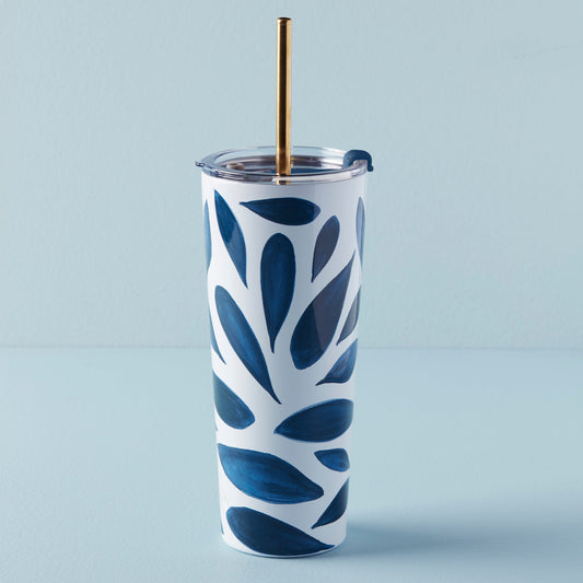 Blue Bay Leaf Stainless Steel Tumbler With Straw